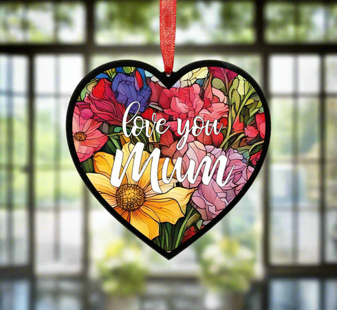 Love You Mum Stained Glass Effect Heart Suncatcher